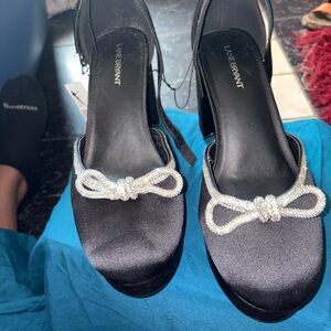 MIA Black Satin Heels with Crystal Bow Accent